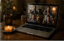 Laptop set up for a larger online tasting